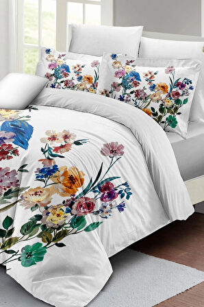 Lastikli Çarşaflı %100 Pamuk Saten Çift Kişilik Nevresim Takımı Flower Mix
