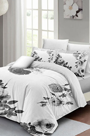 Lastikli Çarşaflı %100 Pamuk Saten Çift Kişilik Nevresim Takımı Black White Flower