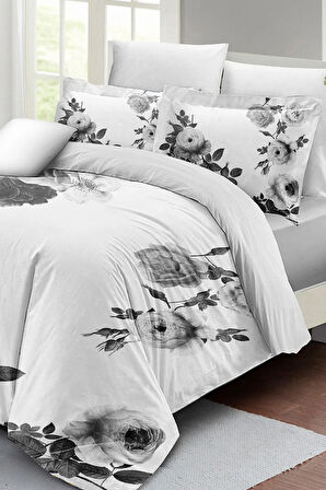 Lastikli Çarşaflı %100 Pamuk Saten Çift Kişilik Nevresim Takımı Black White Flower