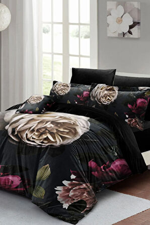 Lastikli Çarşaflı %100 Pamuk Saten Çift Kişilik Nevresim Takımı Black Flower