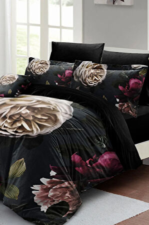 Lastikli Çarşaflı %100 Pamuk Saten Çift Kişilik Nevresim Takımı Black Flower