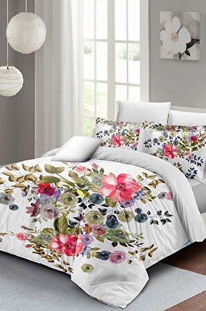 Lastikli Çarşaflı %100 Pamuk Saten Çift Kişilik Nevresim Takımı Flower Dance