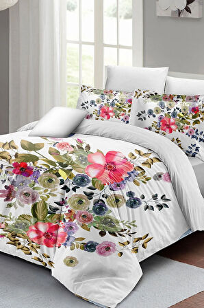 Lastikli Çarşaflı %100 Pamuk Saten Çift Kişilik Nevresim Takımı Flower Dance