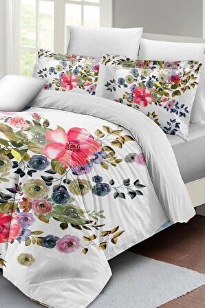 Lastikli Çarşaflı %100 Pamuk Saten Çift Kişilik Nevresim Takımı Flower Dance