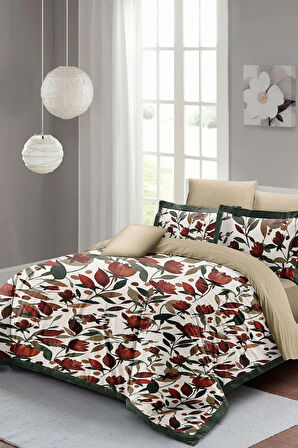 Lastikli Çarşaflı %100 Pamuk Saten Çift Kişilik Nevresim Takımı Çiçekli Lale