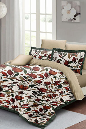 Lastikli Çarşaflı %100 Pamuk Saten Çift Kişilik Nevresim Takımı Çiçekli Lale