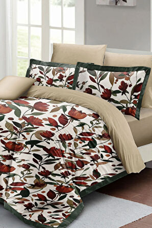 Lastikli Çarşaflı %100 Pamuk Saten Çift Kişilik Nevresim Takımı Çiçekli Lale