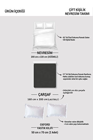 Lastikli Çarşaflı %100 Pamuk Saten Çift Kişilik Nevresim Takımı Çiçekli Lale