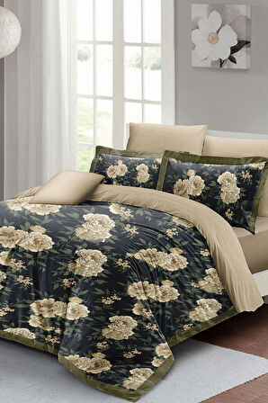 Lastikli Çarşaflı %100 Pamuk Saten Çift Kişilik Nevresim Takımı Flower Nefti