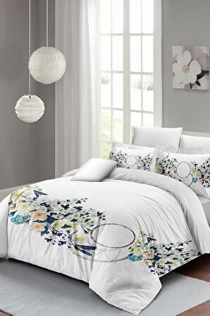 Lastikli Çarşaflı %100 Pamuk Saten Çift Kişilik Nevresim Takımı Beyaz Çiçekli