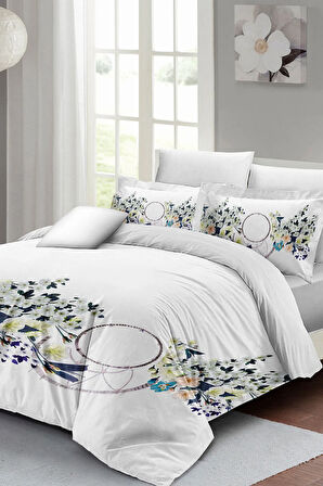 Lastikli Çarşaflı %100 Pamuk Saten Çift Kişilik Nevresim Takımı Beyaz Çiçekli