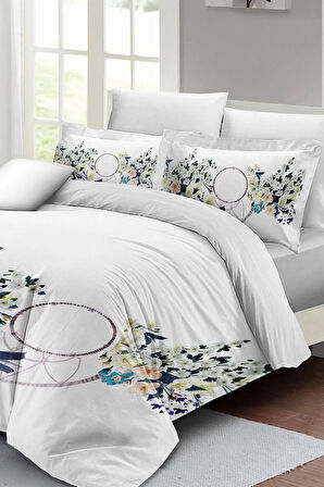 Lastikli Çarşaflı %100 Pamuk Saten Çift Kişilik Nevresim Takımı Beyaz Çiçekli