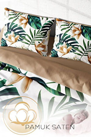 Lastikli Çarşaflı %100 Pamuk Saten Çift Kişilik Nevresim Takımı Soft Tropik