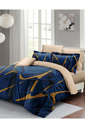 Lastikli Çarşaflı %100 Pamuk Saten Çift Kişilik Nevresim Takımı Blue Brown