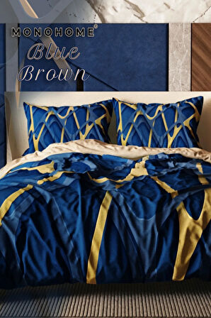Lastikli Çarşaflı %100 Pamuk Saten Çift Kişilik Nevresim Takımı Blue Brown