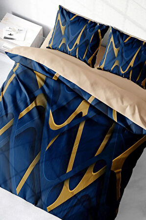 Lastikli Çarşaflı %100 Pamuk Saten Çift Kişilik Nevresim Takımı Blue Brown