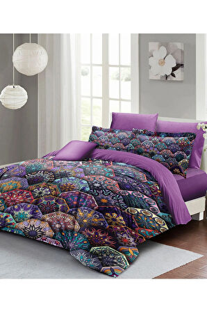 Çift Kişilik ( Lastikli Çarşaflı ) %100 Pamuk Saten Nevresim Takımı Ethnic Purple