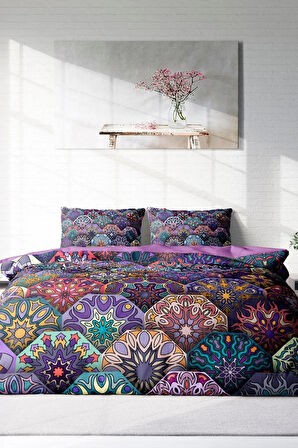 Çift Kişilik ( Lastikli Çarşaflı ) %100 Pamuk Saten Nevresim Takımı Ethnic Purple
