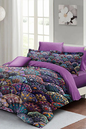 Çift Kişilik ( Lastikli Çarşaflı ) %100 Pamuk Saten Nevresim Takımı Ethnic Purple