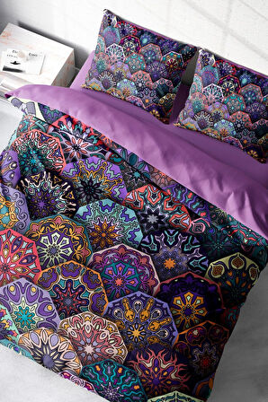 Çift Kişilik ( Lastikli Çarşaflı ) %100 Pamuk Saten Nevresim Takımı Ethnic Purple