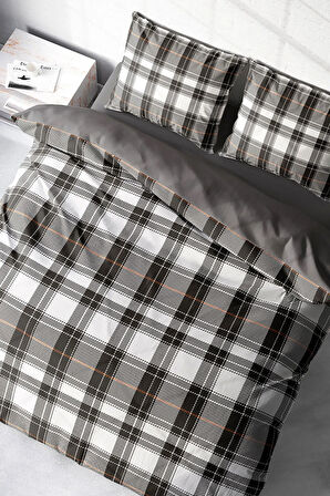 Lastikli Çarşaflı %100 Pamuk Saten Çift Kişilik Nevresim Takımı Grey Ekose