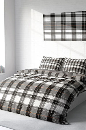 Lastikli Çarşaflı %100 Pamuk Saten Çift Kişilik Nevresim Takımı Grey Ekose