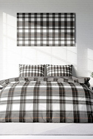 Lastikli Çarşaflı %100 Pamuk Saten Çift Kişilik Nevresim Takımı Grey Ekose