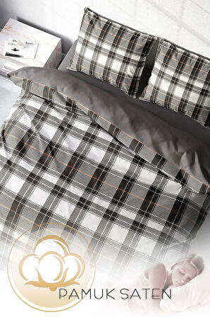 Lastikli Çarşaflı %100 Pamuk Saten Çift Kişilik Nevresim Takımı Grey Ekose