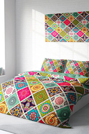 Lastikli Çarşaflı %100 Pamuk Saten Çift Kişilik Nevresim Takımı Strip Motif