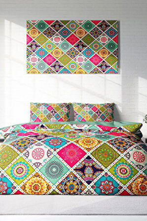 Lastikli Çarşaflı %100 Pamuk Saten Çift Kişilik Nevresim Takımı Strip Motif