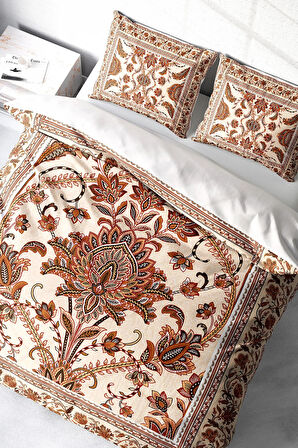 Lastikli Çarşaflı %100 Pamuk Saten Çift Kişilik Nevresim Takımı Brown Figure