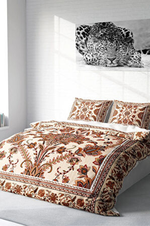 Lastikli Çarşaflı %100 Pamuk Saten Çift Kişilik Nevresim Takımı Brown Figure