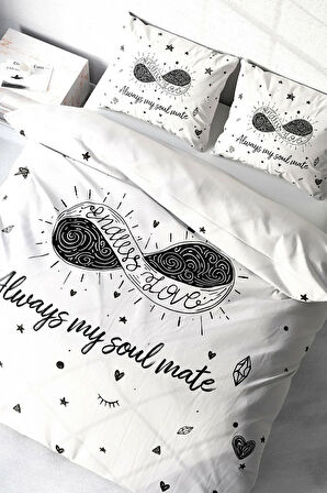 Lastikli Çarşaflı %100 Pamuk Saten Çift Kişilik Nevresim Takımı Soul Mate