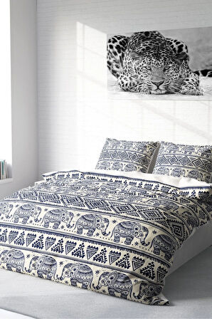 Lastikli Çarşaflı %100 Pamuk Saten Çift Kişilik Nevresim Takımı Ethnic Elephant
