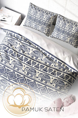 Lastikli Çarşaflı %100 Pamuk Saten Çift Kişilik Nevresim Takımı Ethnic Elephant