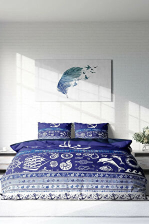 Lastikli Çarşaflı %100 Pamuk Saten Çift Kişilik Nevresim Takımı Okyanusta Gece