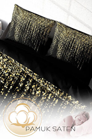 Lastikli Çarşaflı %100 Pamuk Saten Çift Kişilik Nevresim Takımı Yıldızlı Gece