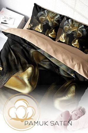 Lastikli Çarşaflı %100 Pamuk Saten Çift Kişilik Nevresim Takımı Gold Cover