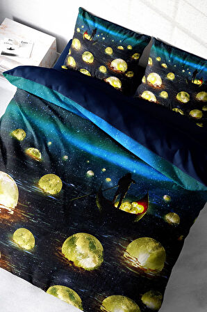 Lastikli Çarşaflı %100 Pamuk Saten Çift Kişilik Nevresim Takımı Moon River