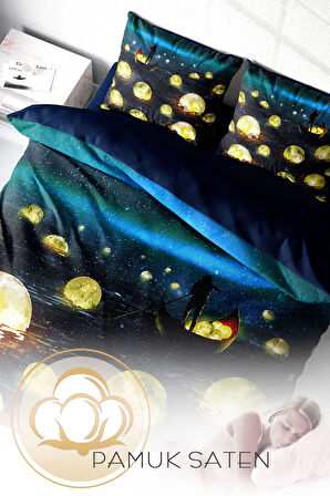 Lastikli Çarşaflı %100 Pamuk Saten Çift Kişilik Nevresim Takımı Moon River