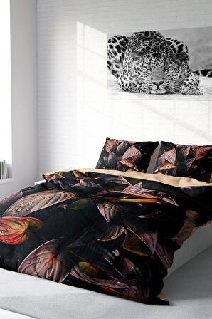 Çift Kişilik ( Lastikli Çarşaflı ) %100 Pamuk Saten Nevresim Takımı Güz Yaprakları