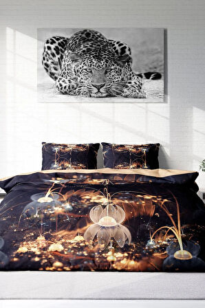 Lastikli Çarşaflı %100 Pamuk Saten Çift Kişilik Nevresim Takımı Brown Lotus