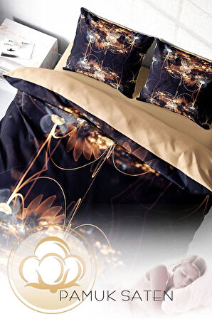 Lastikli Çarşaflı %100 Pamuk Saten Çift Kişilik Nevresim Takımı Brown Lotus