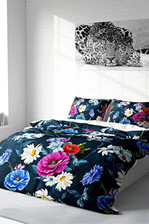 Lastikli Çarşaflı %100 Pamuk Saten Çift Kişilik Nevresim Takımı Renkli Çiçekler