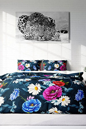 Lastikli Çarşaflı %100 Pamuk Saten Çift Kişilik Nevresim Takımı Renkli Çiçekler