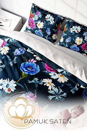Lastikli Çarşaflı %100 Pamuk Saten Çift Kişilik Nevresim Takımı Renkli Çiçekler