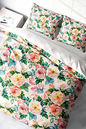 Lastikli Çarşaflı %100 Pamuk Saten Çift Kişilik Nevresim Takımı Flower Spring