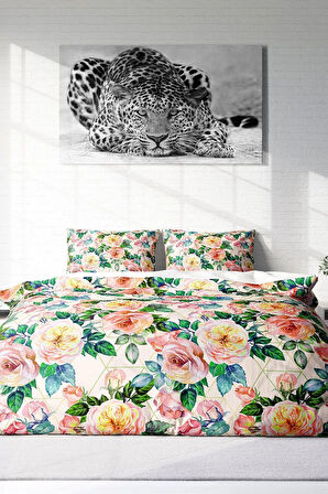 Lastikli Çarşaflı %100 Pamuk Saten Çift Kişilik Nevresim Takımı Flower Spring