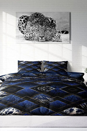 Lastikli Çarşaflı %100 Pamuk Saten Çift Kişilik Nevresim Takımı Blue Suite