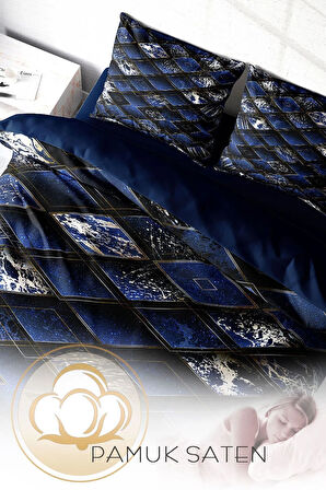 Lastikli Çarşaflı %100 Pamuk Saten Çift Kişilik Nevresim Takımı Blue Suite